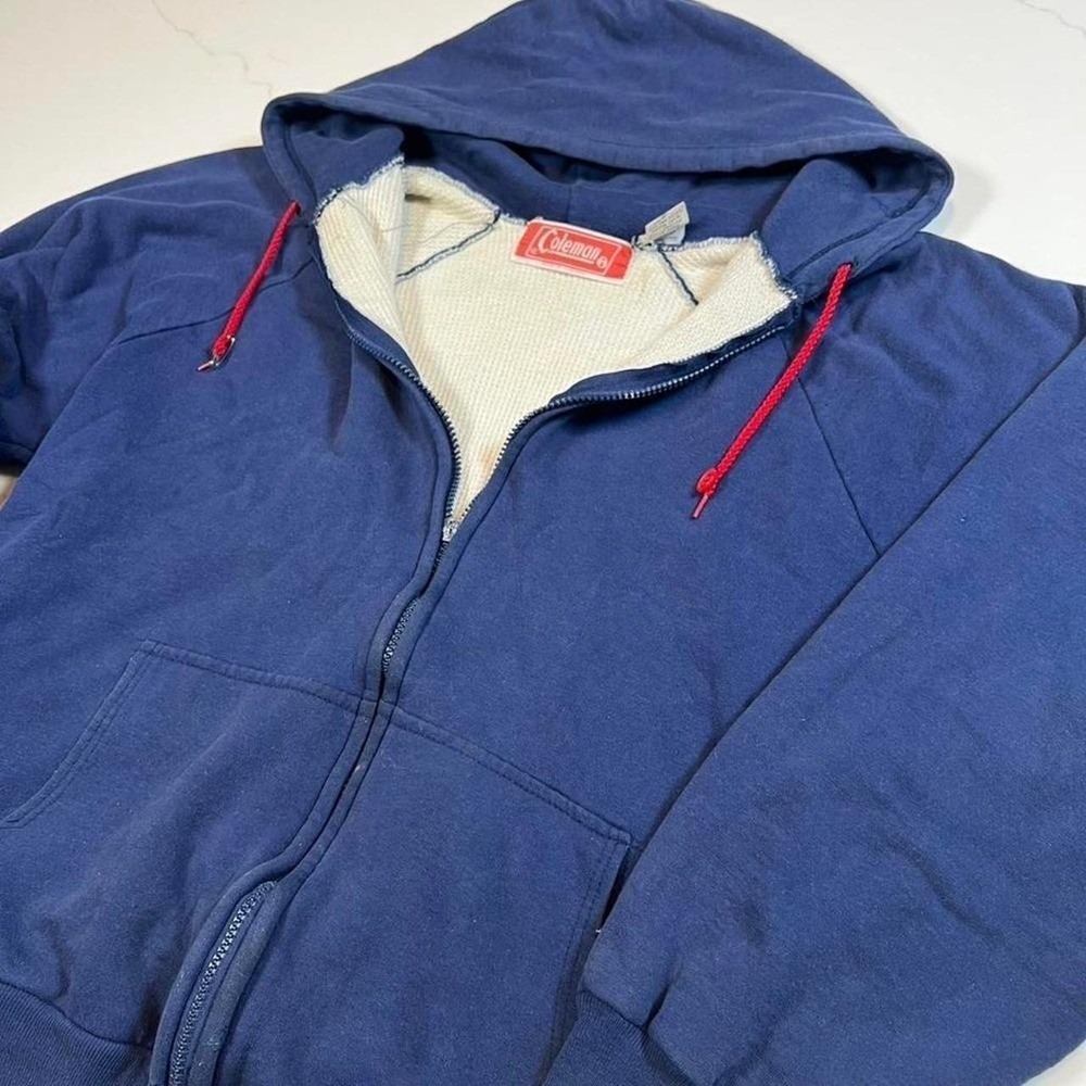 Coleman 70s 80s Zip Up Hoodie Mens Large Blue Thermal Lined Vintage Raglan